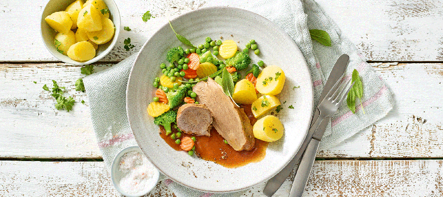 Teller mit geschmorter Schweineschulter – Essem auf Rädern